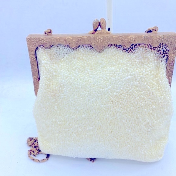 Vintage Ivory Seed Bead Beaded Evening Bag Beautiful Floral Design Newport News - Picture 3 of 13